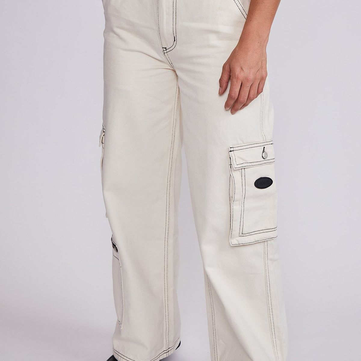SIOUX - Pantalón Mujer Blanco Baggy Bolsillos Cargo Sioux
