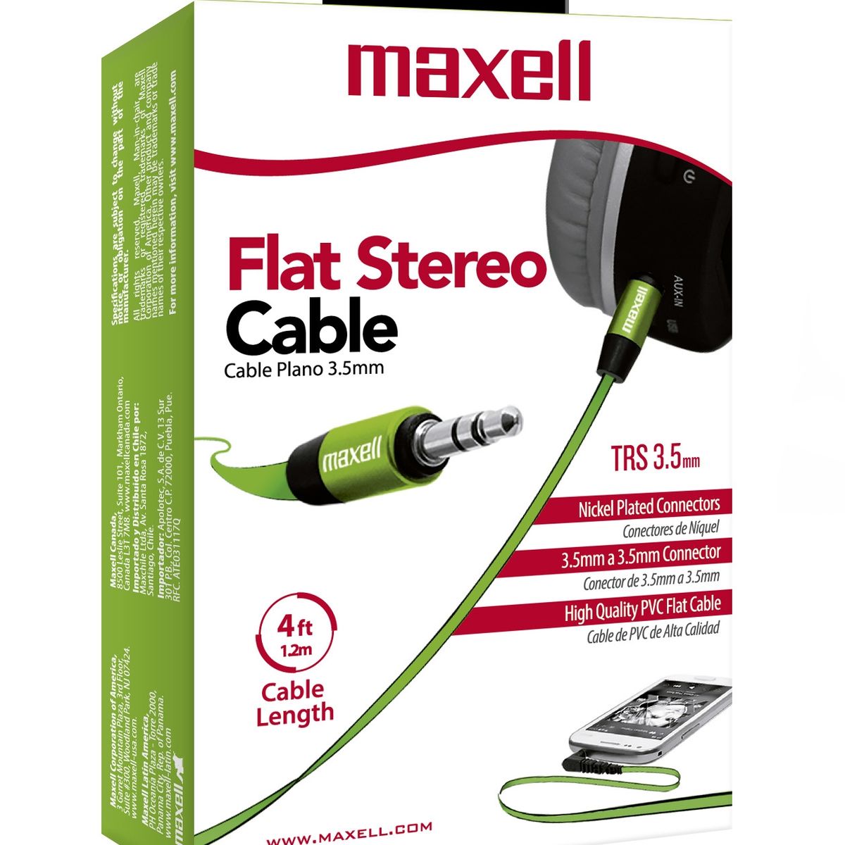 MAXELL - Cable Para Audio Plano Con Conectores De 35mm A 35mm Verde Maxell