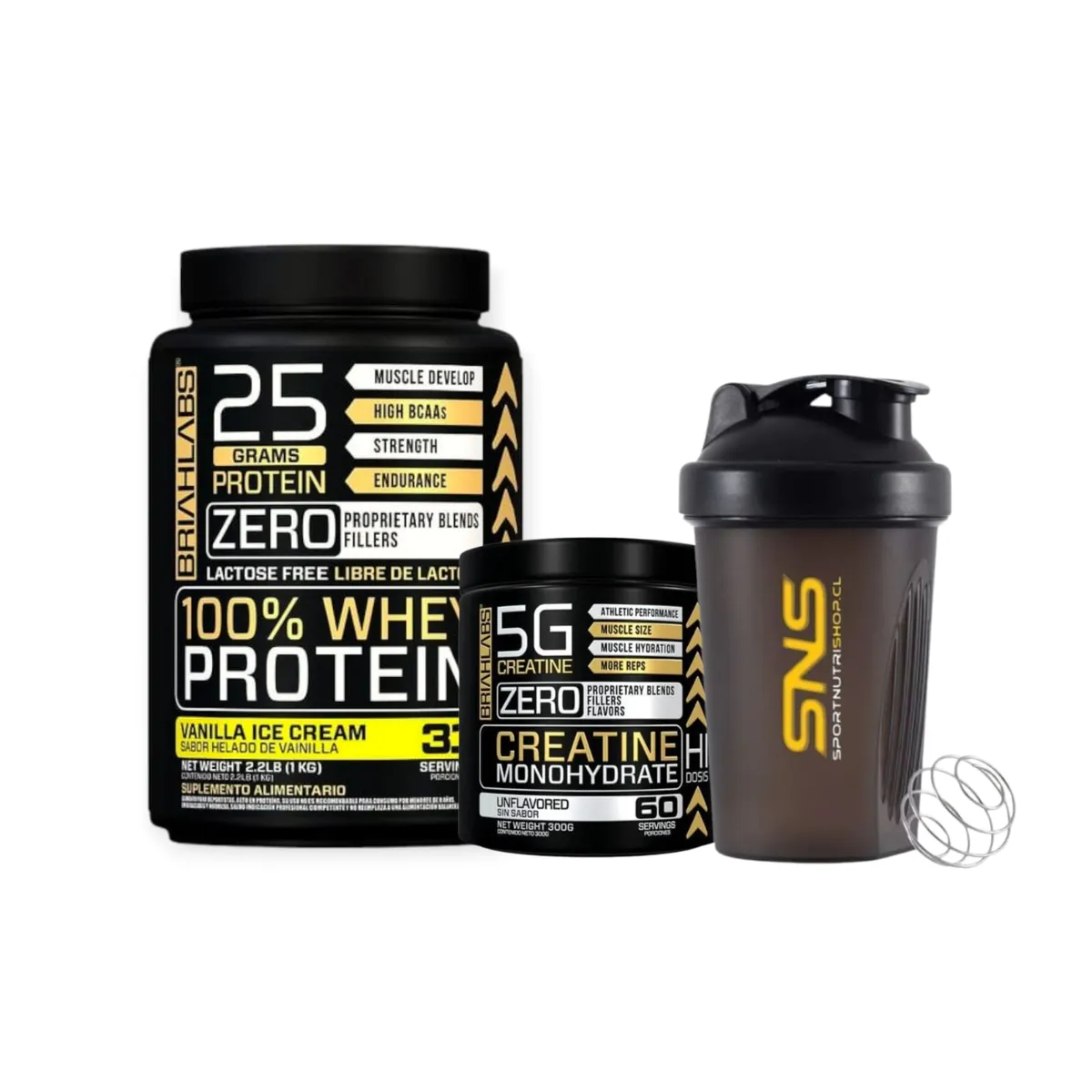 BRIAHLABS - PACK PROTEINA 100% 1KG VAINILLA + CREATINA 300gr + SHAKER - BRIAHLABS