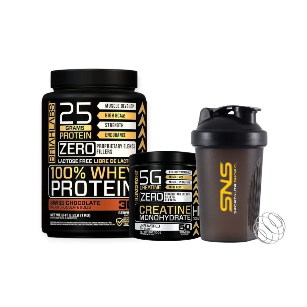 BRIAHLABS - PACK PROTEINA 100% 1KG CHOCOLATE + CREATINA 300gr  + SHAKER - BRIAHLABS