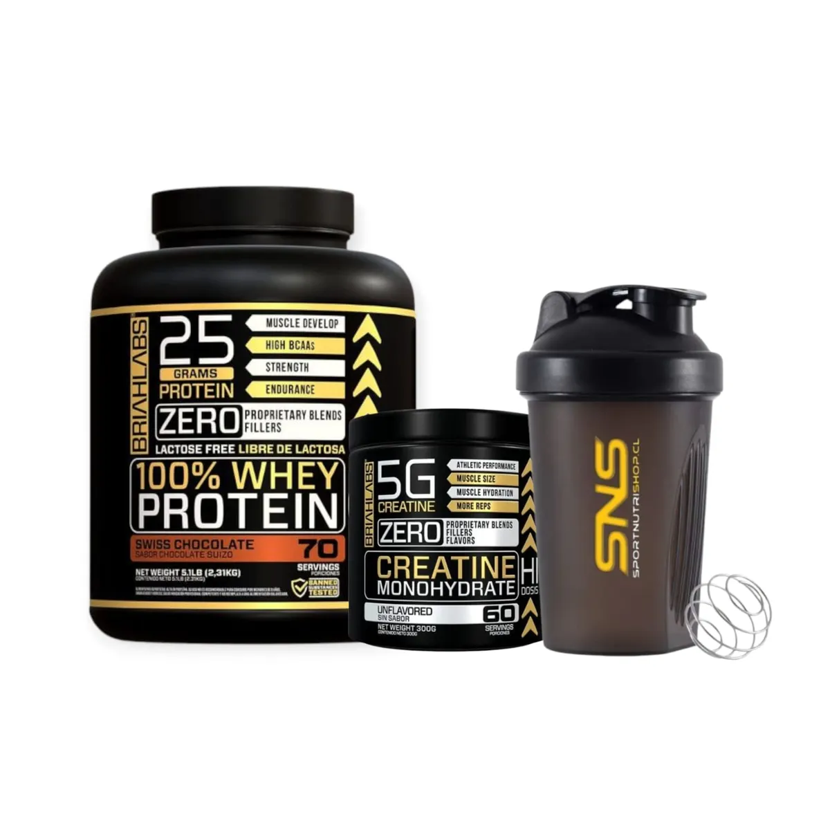 BRIAHLABS - PACK PROTEINA 100% 5LBS CHOCOLATE + CREATINA 300gr+ SHAKER - BRIAHLABS