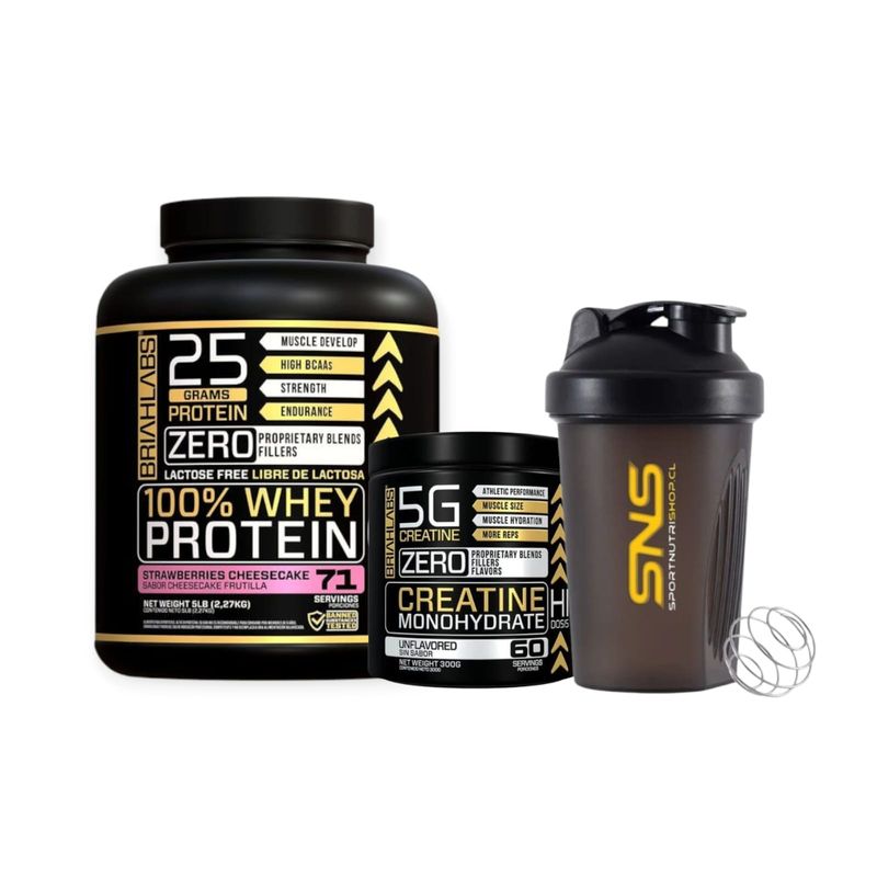 BRIAHLABS - PACK PROTEINA 100% 5LB STRAMBERRY+ CREATINA 300gr + SHAKER - BRIAHLABS