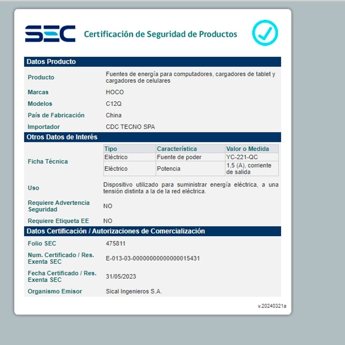 HOCO - Cargador Micro USB hoco C12q 3.0 negro
