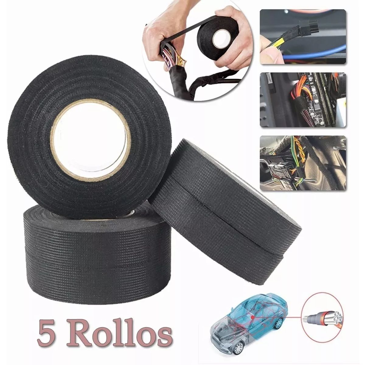 KUANGYE - Pack 5 Cinta Tela Arnés Cableado Audio Automotriz 15 Metros