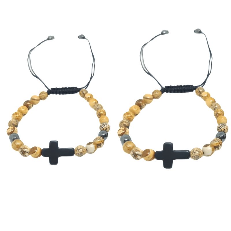 GENERICO - Pack de 2 Pulseras Piedra Jaspe Paisina con Dije de Cruz