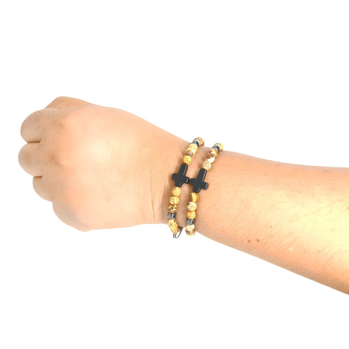 GENERICO - Pack de 2 Pulseras Piedra Jaspe Paisina con Dije de Cruz