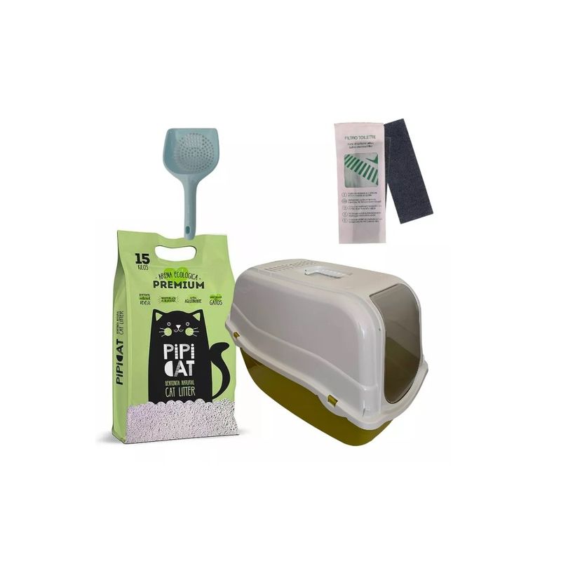 GENERICO - Baño Romeo Gatos 1 Filtro1 Pala15 Kg Arena Verde Olivo.