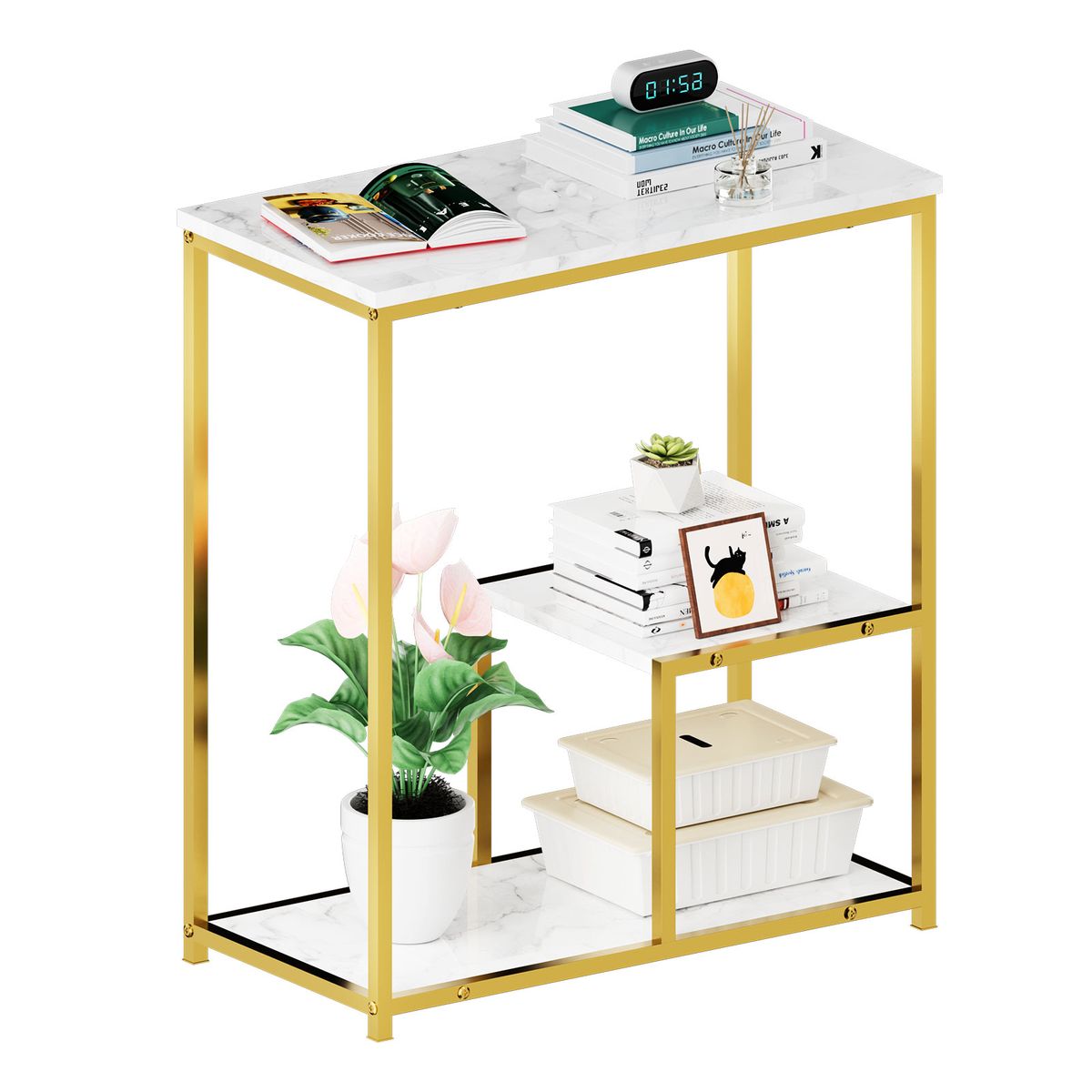 AIZO - Mesa Auxiliar Estrecha Con Estantes De Almacenamiento 60x30 blanco