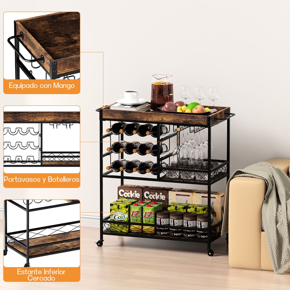 AIZO - AIZO Carrito Cocina 80cm Móvil Acero o Café Gran Espacio De Almacenaje