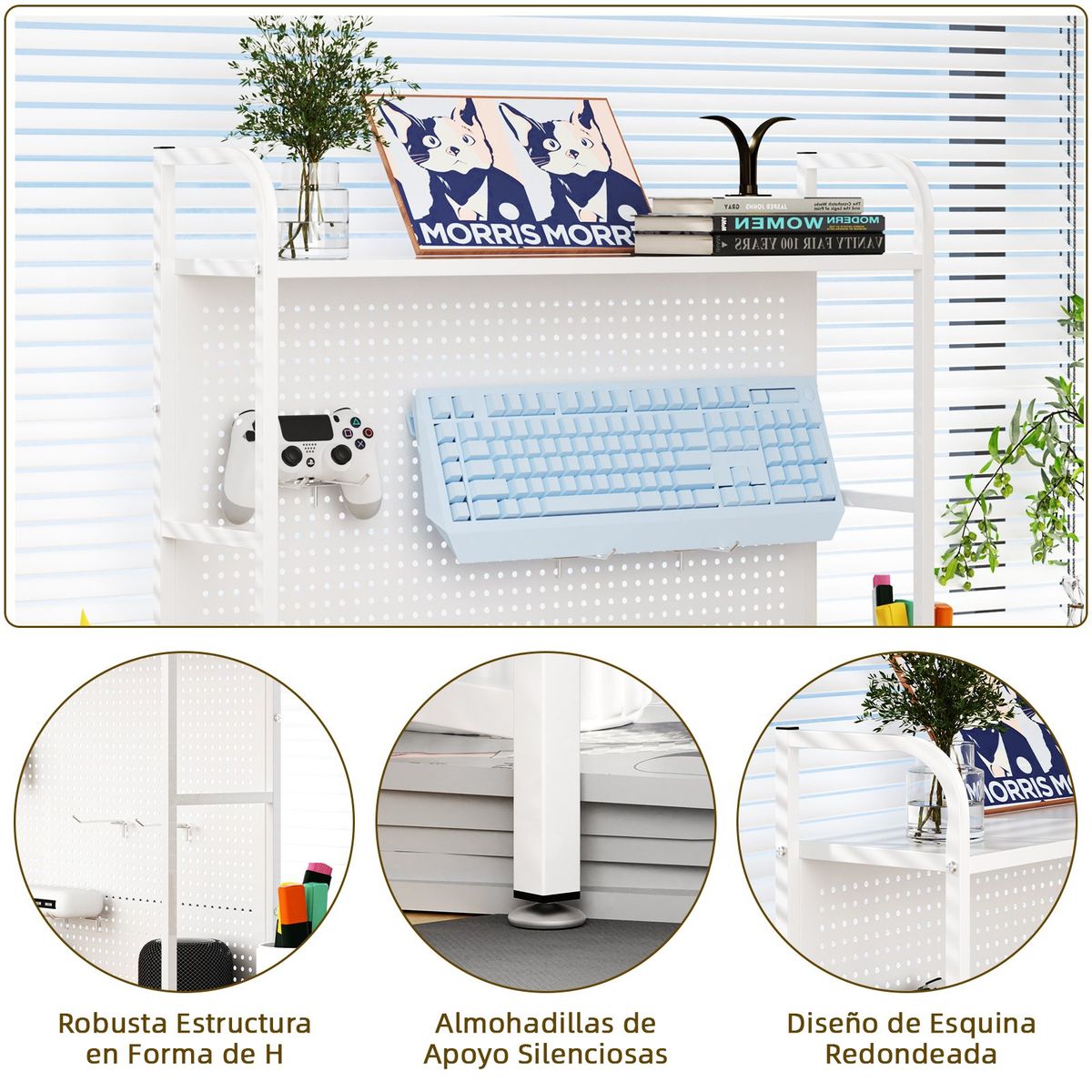 AIZO - Estante de Almacenamiento de Escritorio con Panel Perforado y 6Ganchos