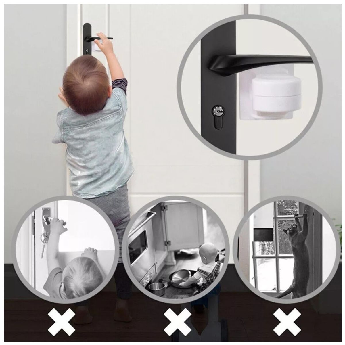 KUANGYE - Pack 3 Seguros Traba Manillas Puertas Niños 180 Grados