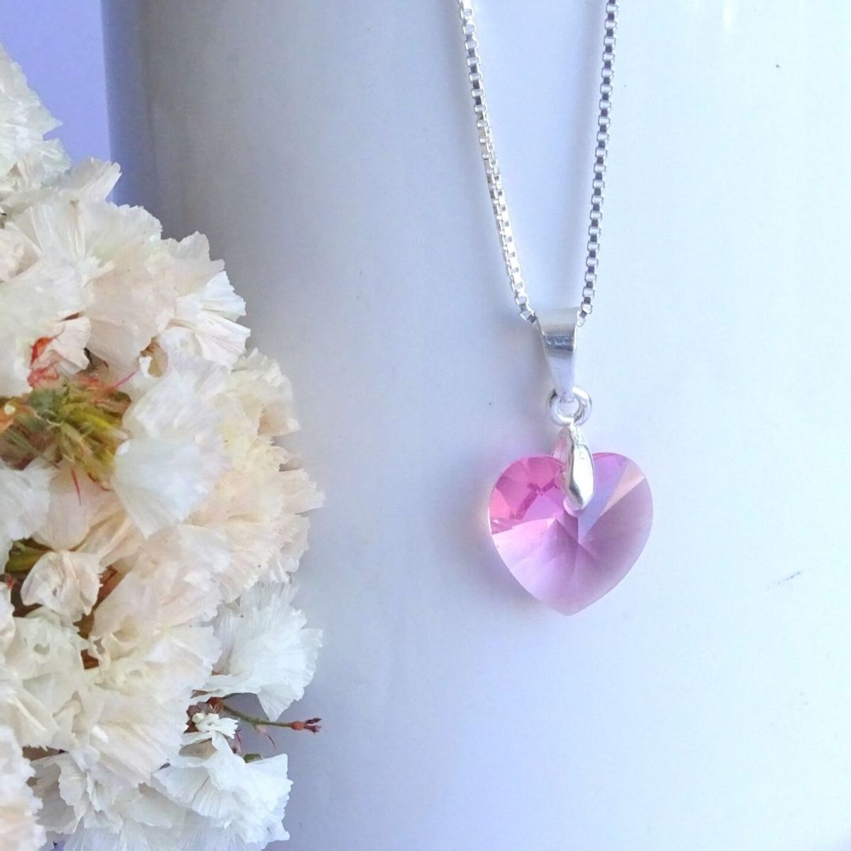 MABELITA - Cadena De Plata Veneciana Corazón De Cristal Rosa