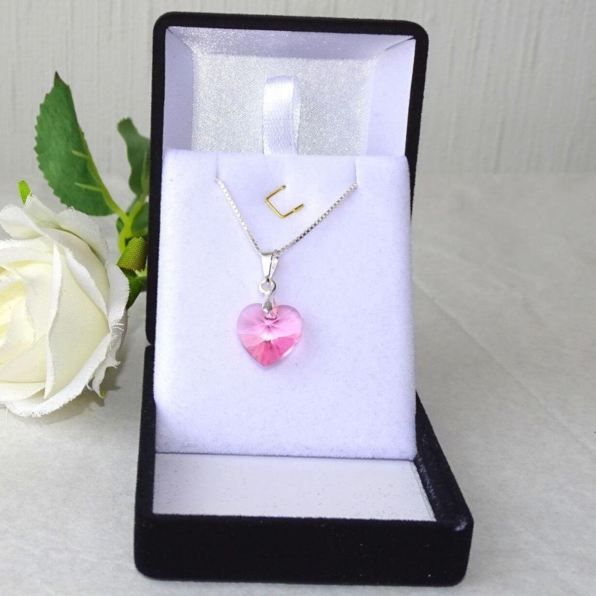 MABELITA - Cadena De Plata Veneciana Corazón De Cristal Rosa