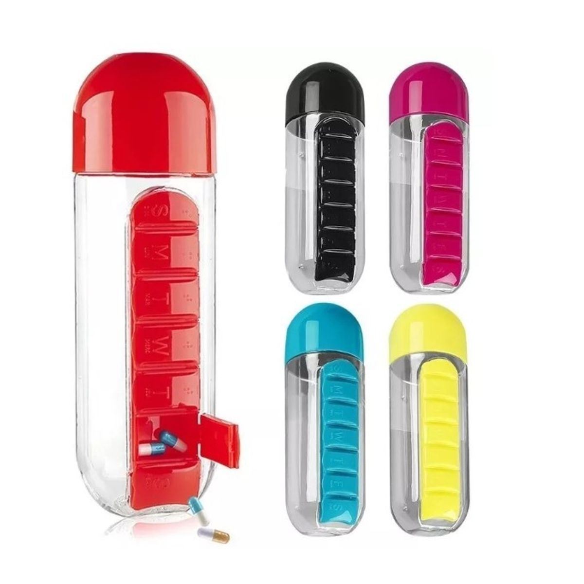 GENERICO - Botella Agua 600 Ml + Pastillero Organizador De Pastillas Rojo