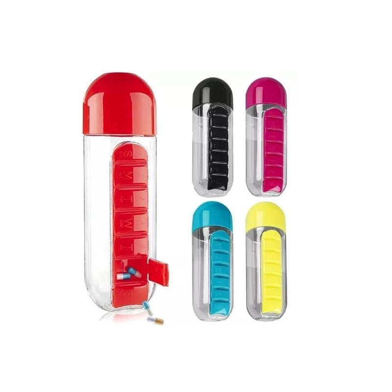 GENERICO - Botella Agua 600 Ml + Pastillero Organizador De Pastillas Rojo