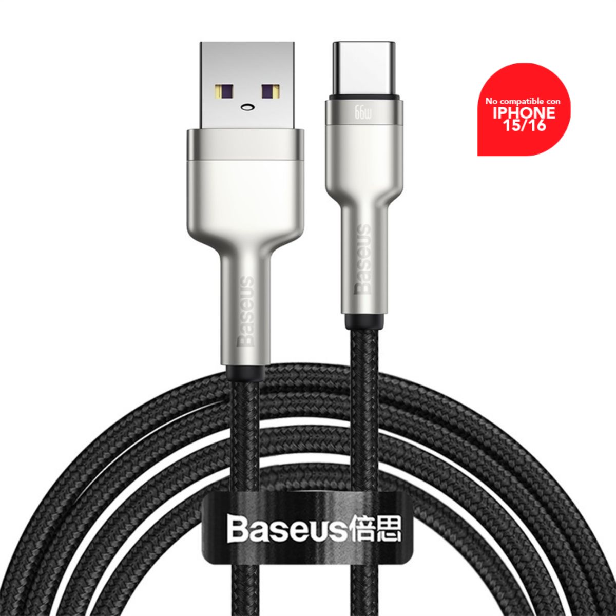 BASEUS - Cable Carga Rápida Metálico Baseus USB a Tipo-C de 25 cm 66W Negro