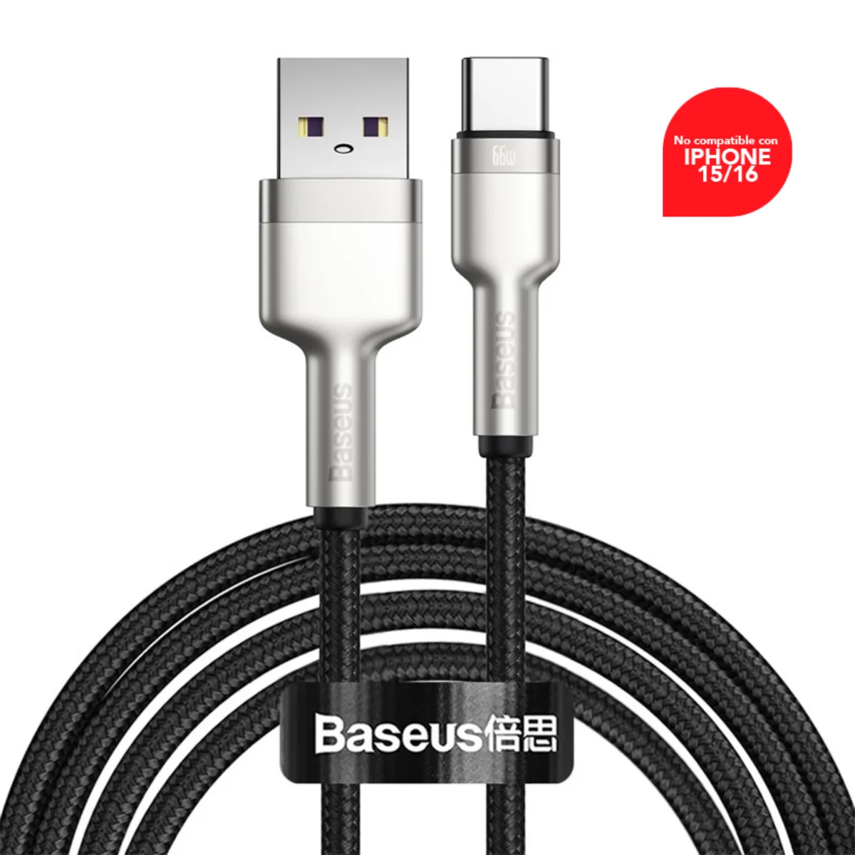 BASEUS - Cable Carga Rápida Metálico Baseus USB a Tipo-C de 25 cm 66W Negro
