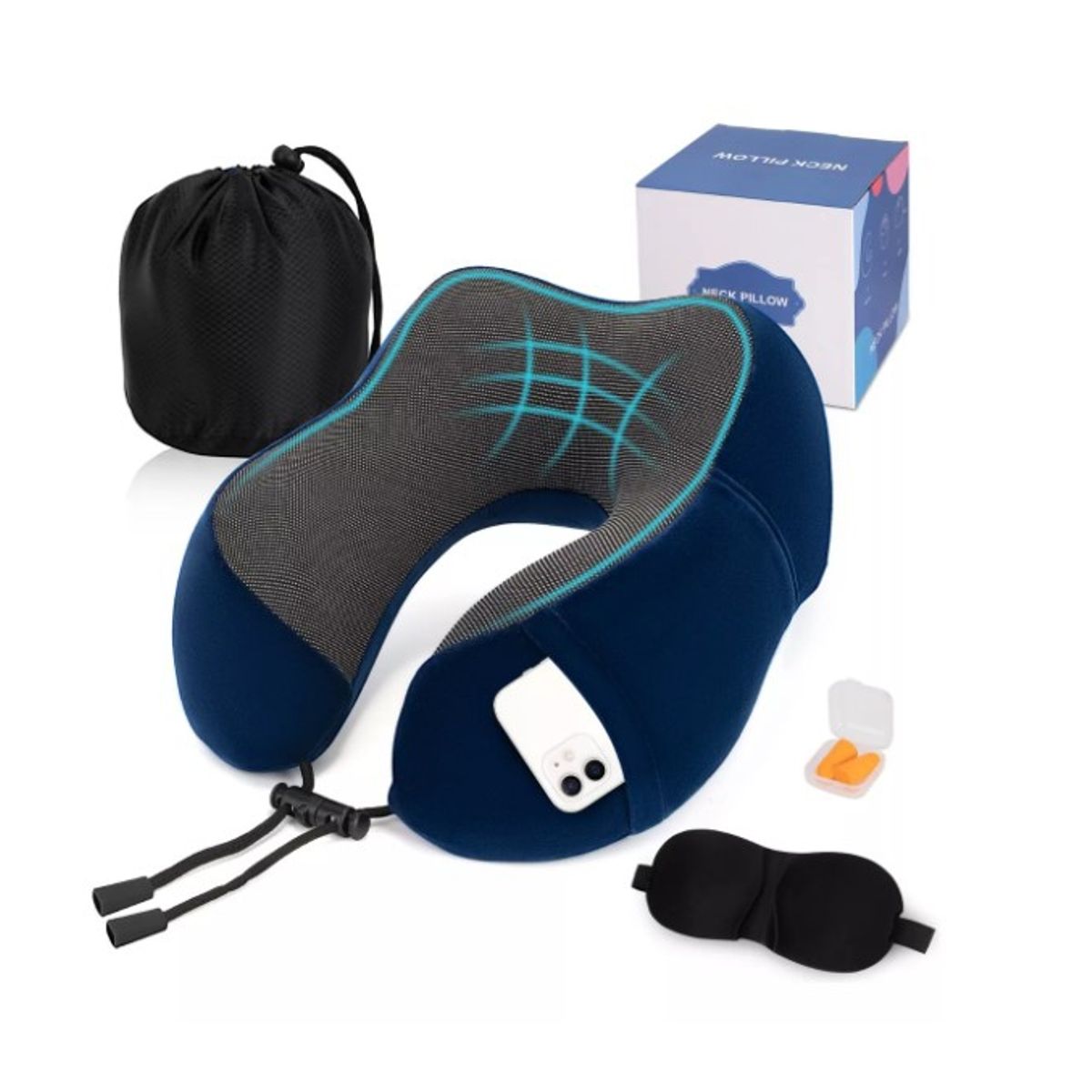 GENERICO - Almohada De Cuello Para Viaje Trabajo Cojín Soporte Cómodo Azul Oscuro