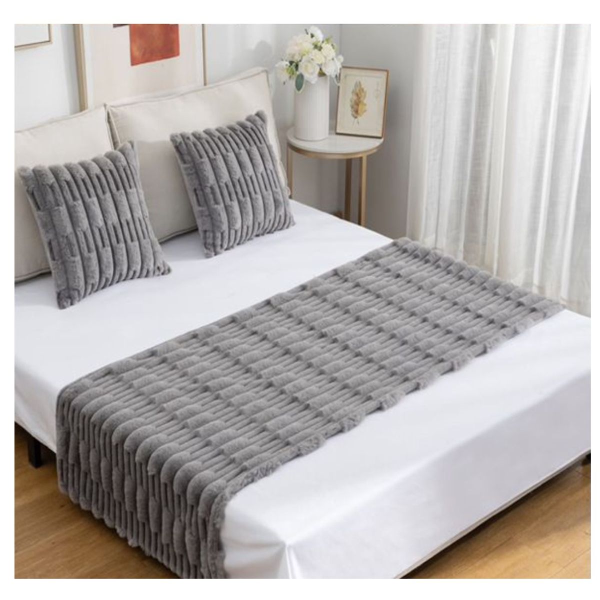 COMPRAPO - Set Piecera + 2 Fundas Cojín Tipo Piel Modelo Bambú Color Gris