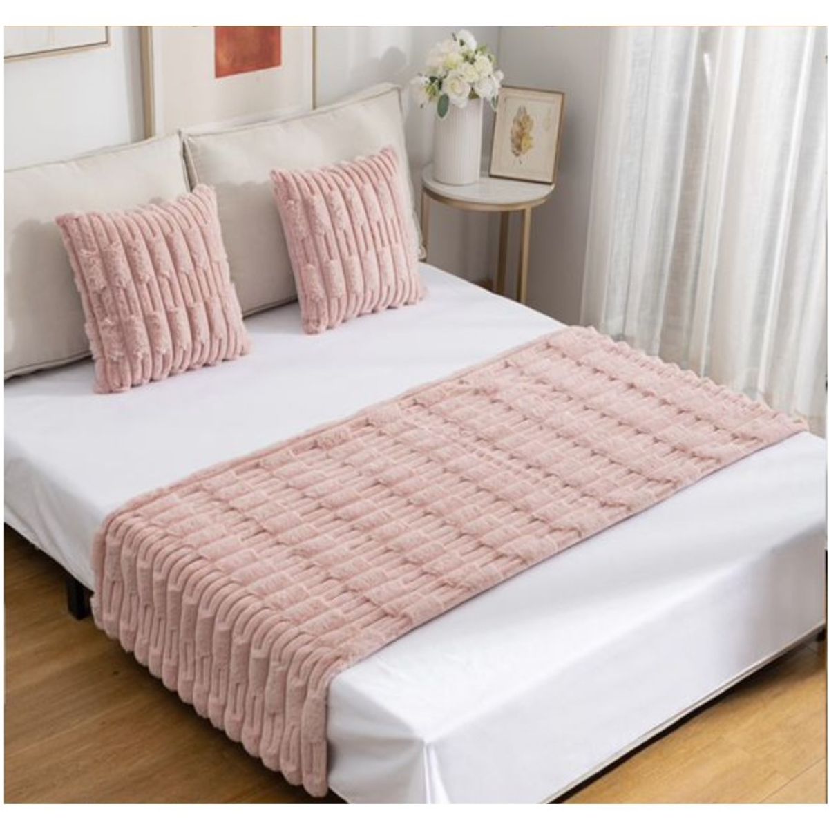 COMPRAPO - Set Piecera + 2 Fundas Cojín Tipo Piel Modelo Bambú Color Rosa Pastel