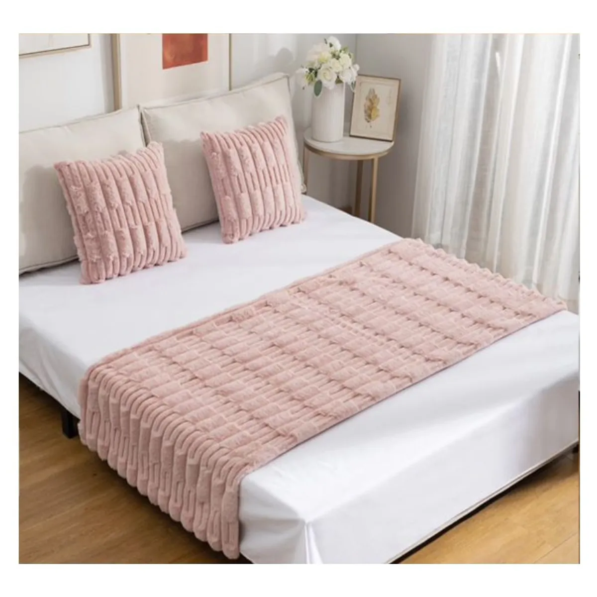 COMPRAPO - Set Piecera + 2 Fundas Cojín Tipo Piel Modelo Bambú Color Rosa Pastel