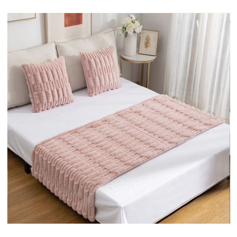 COMPRAPO - Set Piecera + 2 Fundas Cojín Tipo Piel Modelo Bambú Color Rosa Pastel