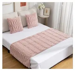 COMPRAPO - Set Piecera + 2 Fundas Cojín Tipo Piel Modelo Bambú Color Rosa Pastel