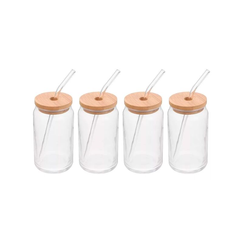 GENERICO - Pack 4 Vasos Lata De Vidrio Con Bombilla Tapa De Bambu 350ml