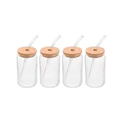 GENERICO - Pack 4 Vasos Lata De Vidrio Con Bombilla Tapa De Bambu 350ml