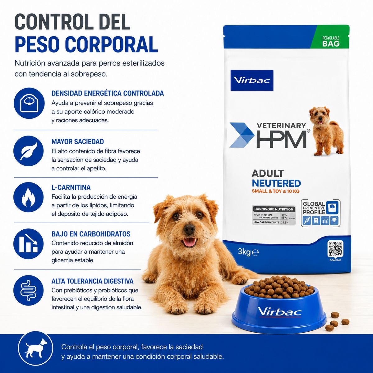 VIRBAC - Virbac HPM Adult Neutered Dog Small & Toy 3 Kg - Alimento para Perros Esterilizados Pequeños