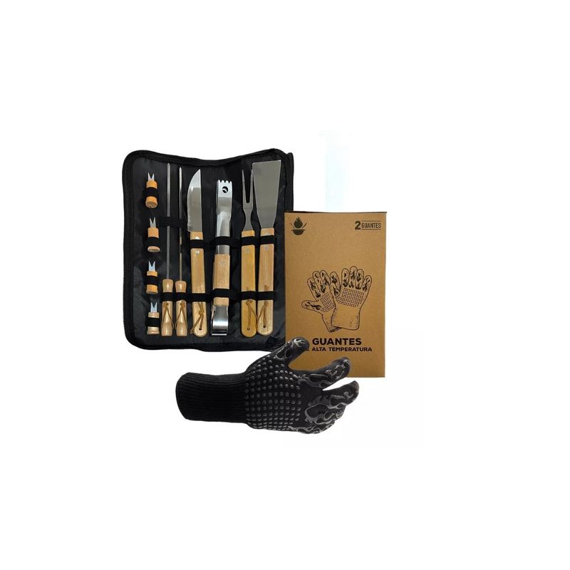 GENERICO - Set Pack Asado Parrilla 10 Uds + 2 Guantes Alta Temperatura