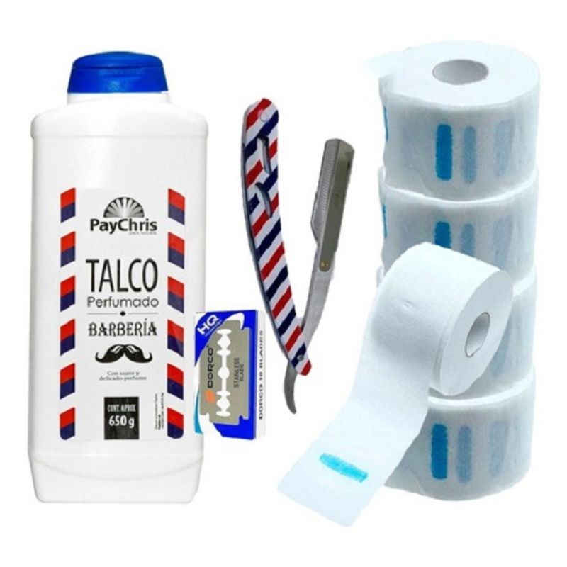 GENERICO - Pack De Barberia Talco + Navaja + 5 Rollo Papel Cuello