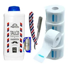 GENERICO - Pack De Barberia Talco + Navaja + 5 Rollo Papel Cuello