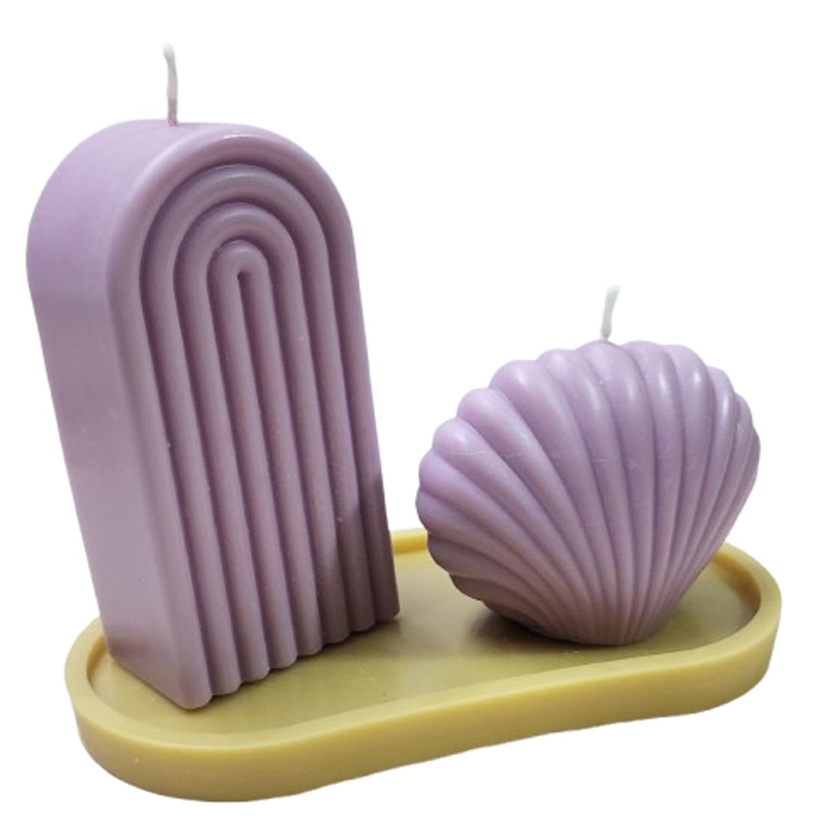 SCENTS CHILE - SET MEDITERRANEO LILA VELA ARCO 240GM+ VELA ALMEJA 140GM+ BASE 25GM