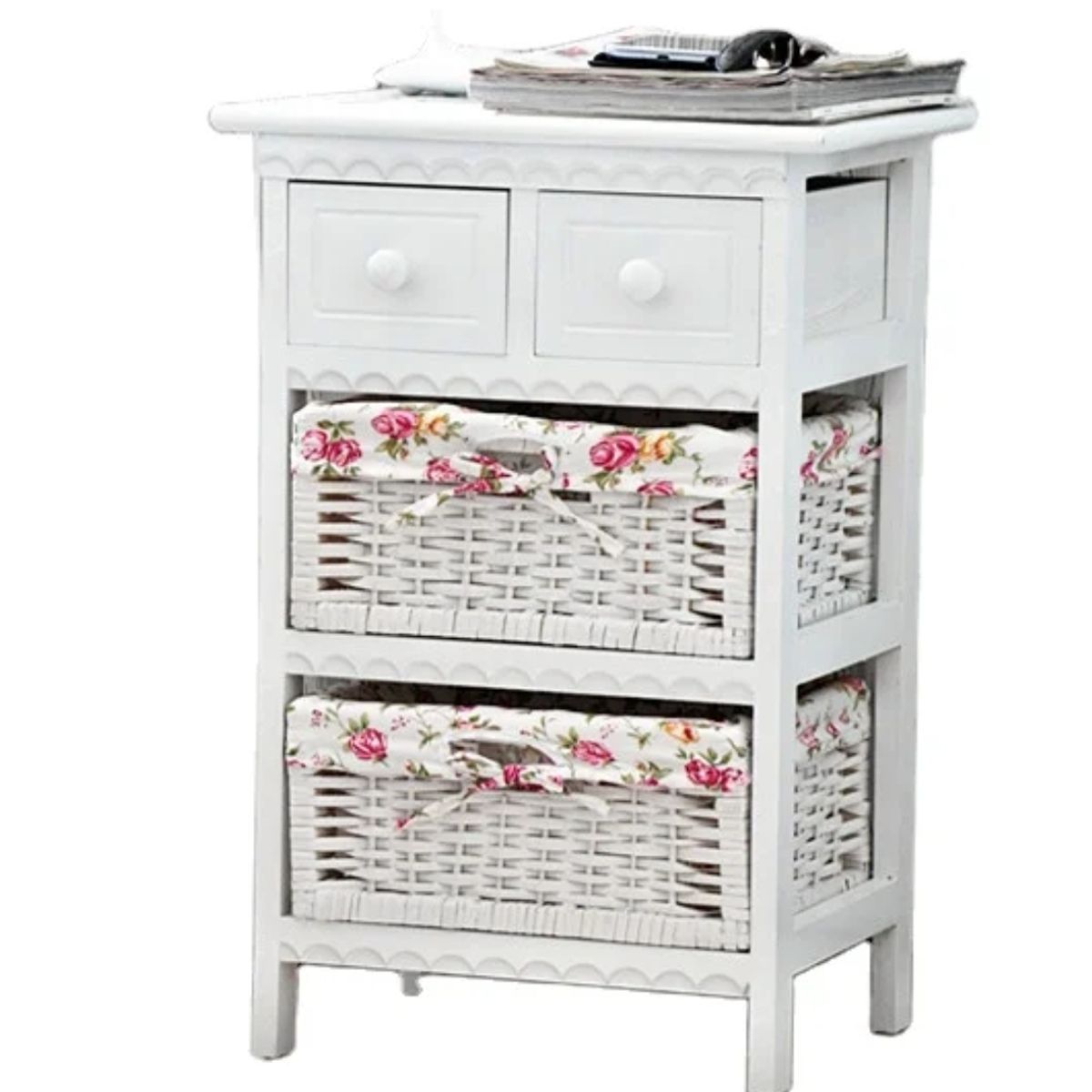 GENERICO - MESA DE NOCHE  BLANCO LACADO CON DOS CANASTOS FORRADO FLORES