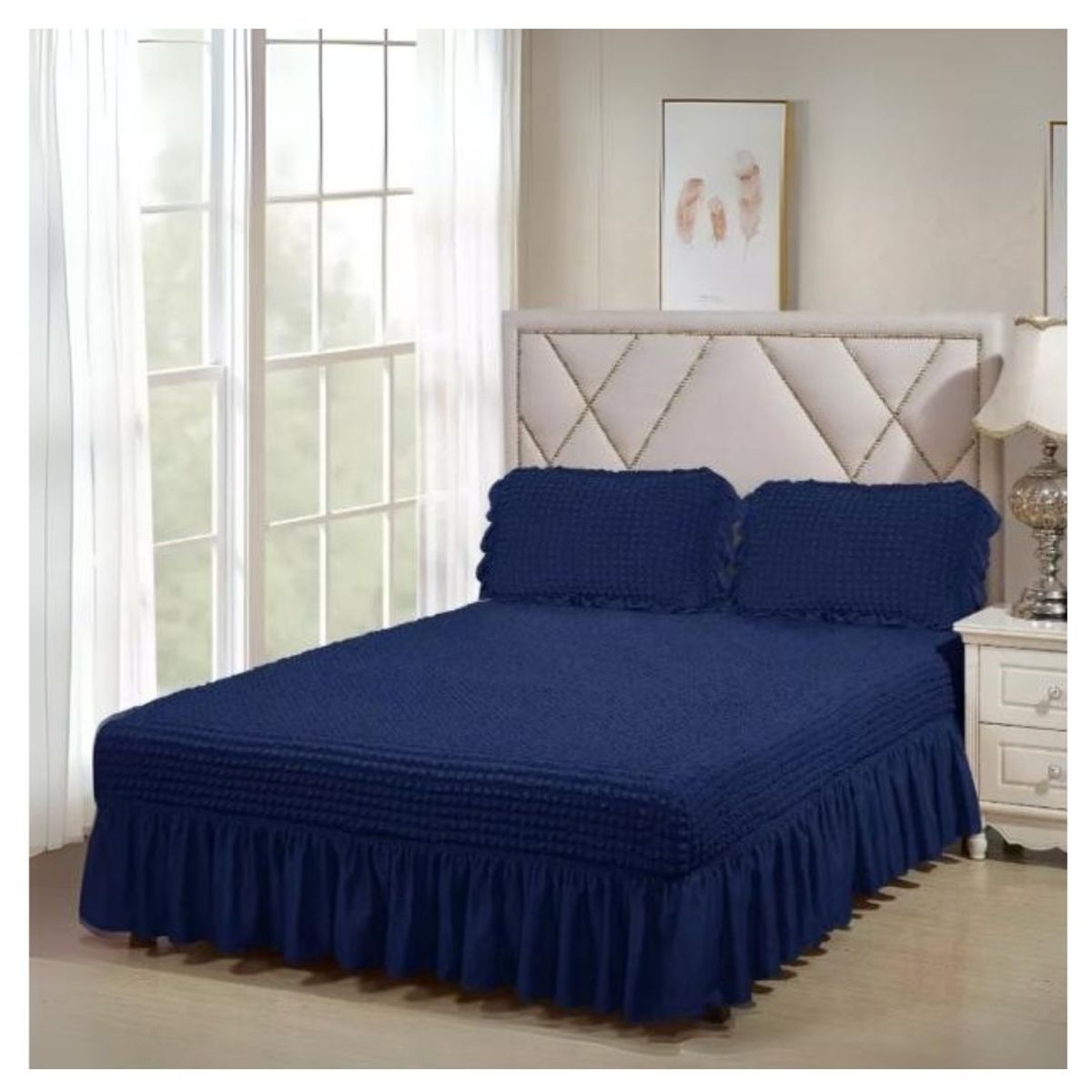 GENERICO - Faldón Turco Texturizado Para Cama 2 Plazas Acolchado Elasticado