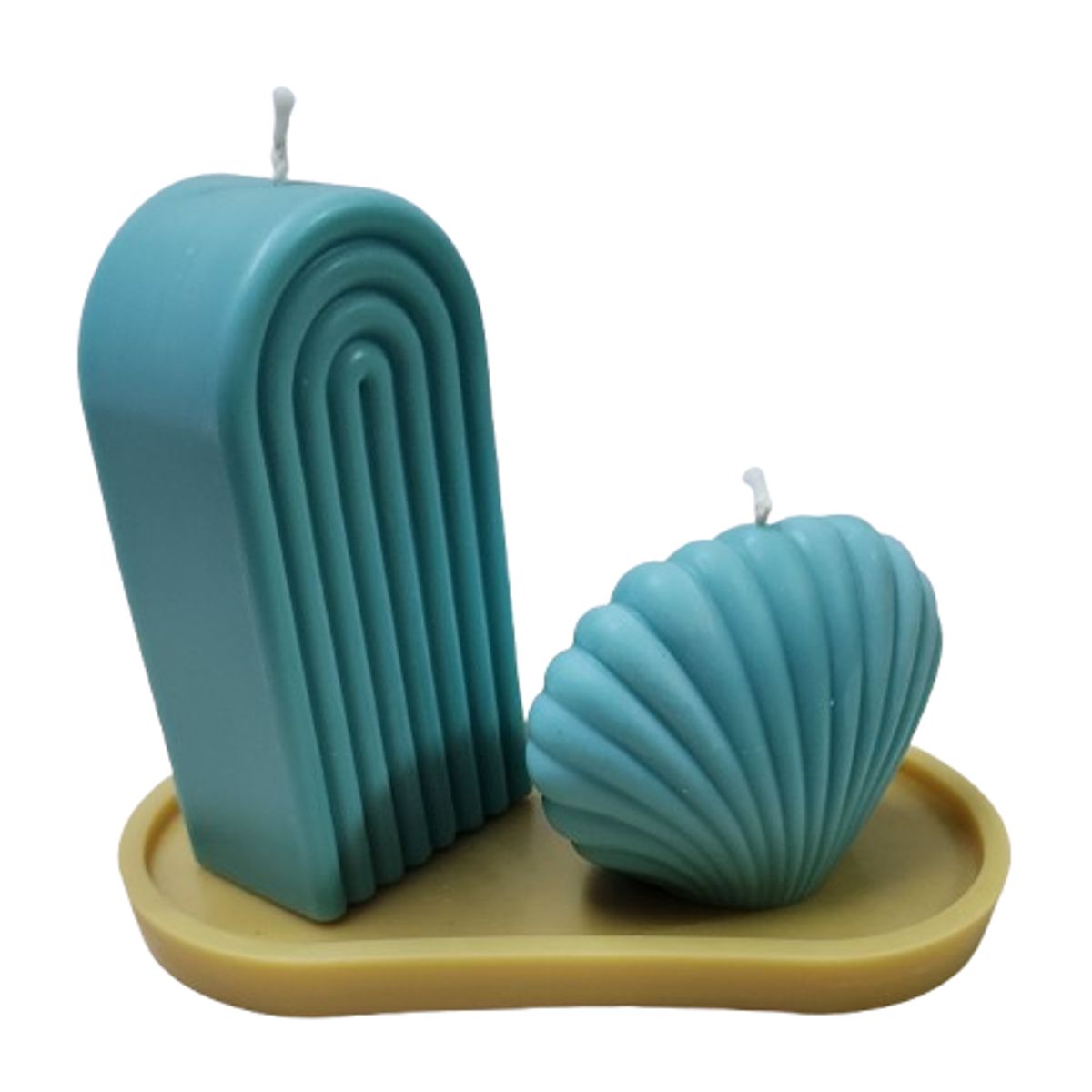 SCENTS CHILE - SET MEDITERRANEO TURQUESA VELA ARCO 240GM+VELA ALMEJA 140GM+BASE 25GM