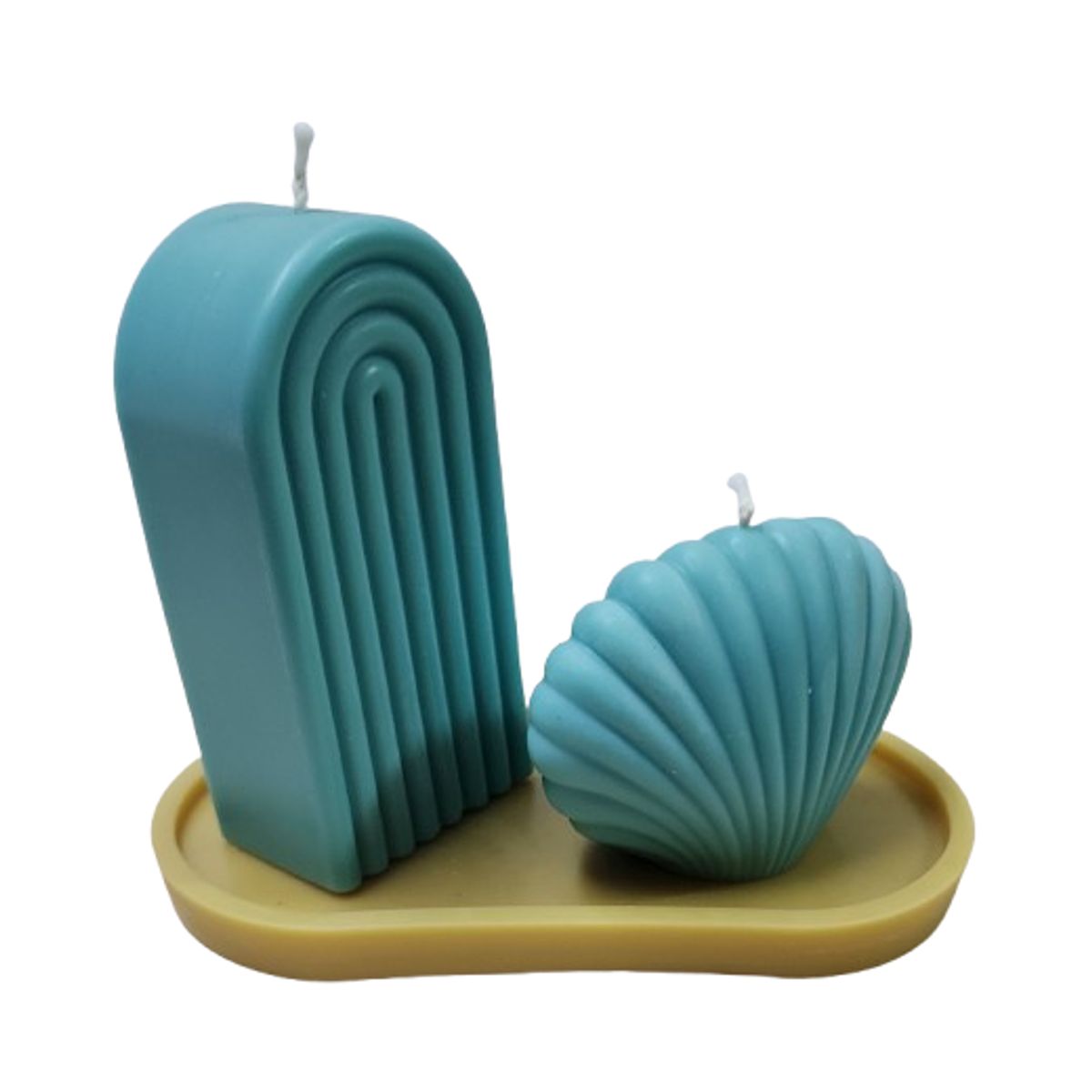 SCENTS CHILE - SET MEDITERRANEO TURQUESA VELA ARCO 240GM+VELA ALMEJA 140GM+BASE 25GM