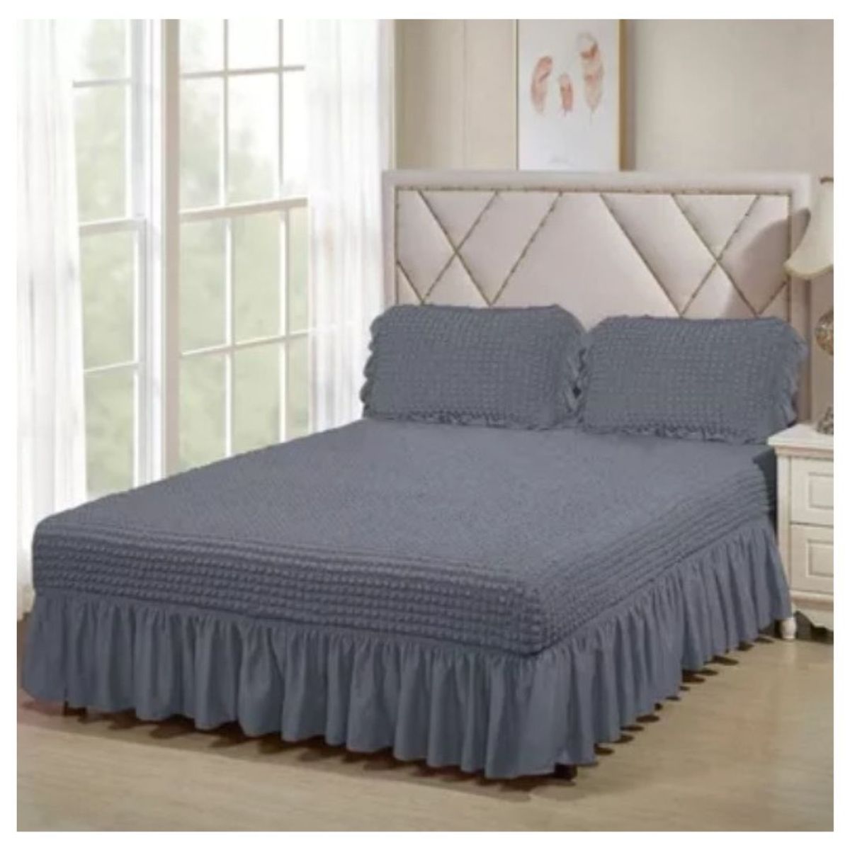 GENERICO - Faldón Turco Texturizado Para Cama 2 Plazas Acolchado Elasticado