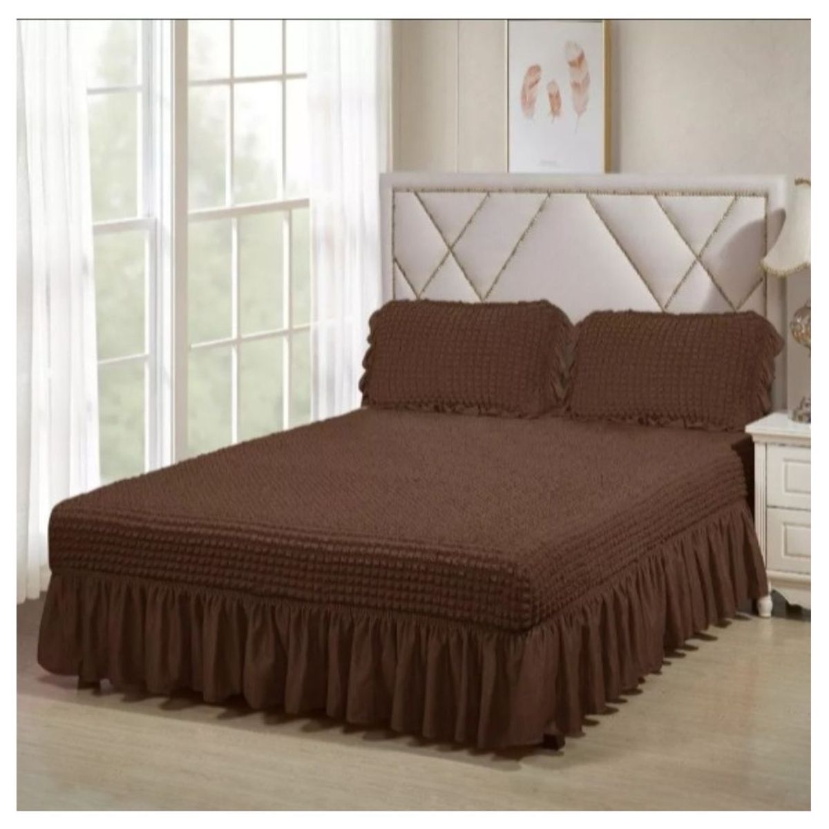 GENERICO - Faldón Turco Texturizado Para Cama 2 Plazas Acolchado Elasticado