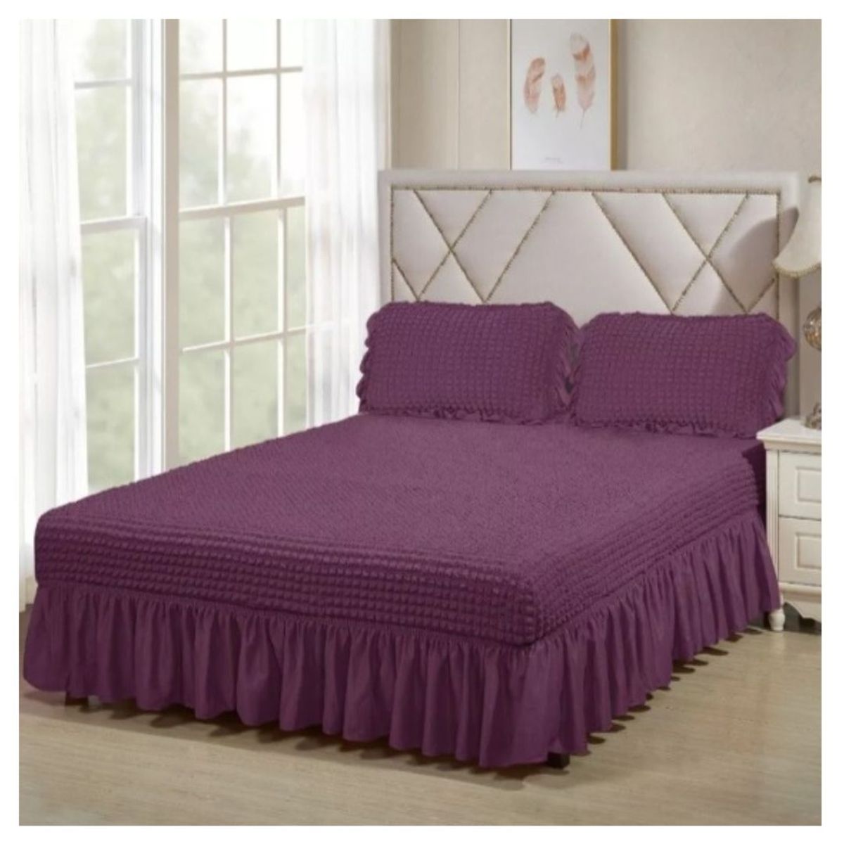 GENERICO - Faldón Turco Texturizado Para Cama 2 Plazas Acolchado Elasticado