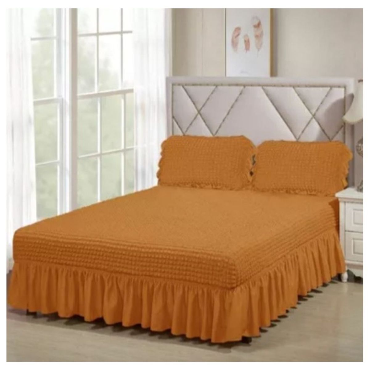 GENERICO - Faldón Turco Texturizado Para Cama 2 Plazas Acolchado Elasticado