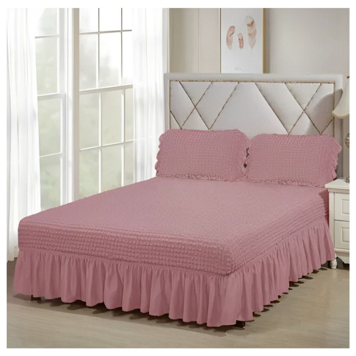 GENERICO - Faldón Turco Texturizado Para Cama 2 Plazas Acolchado Elasticado