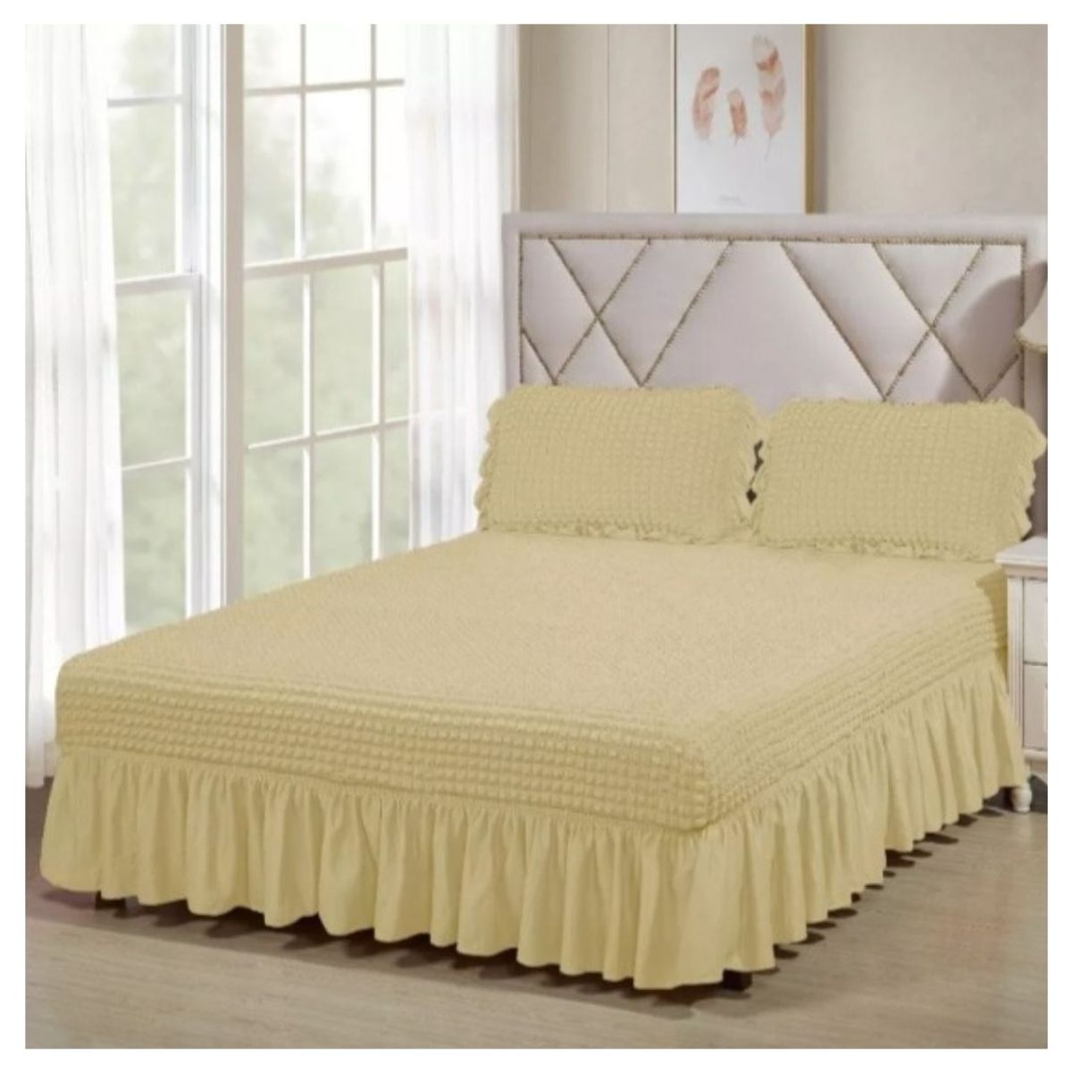 GENERICO - Faldón Turco Texturizado Para Cama 1.5 Plazas Acolchado Elasticada