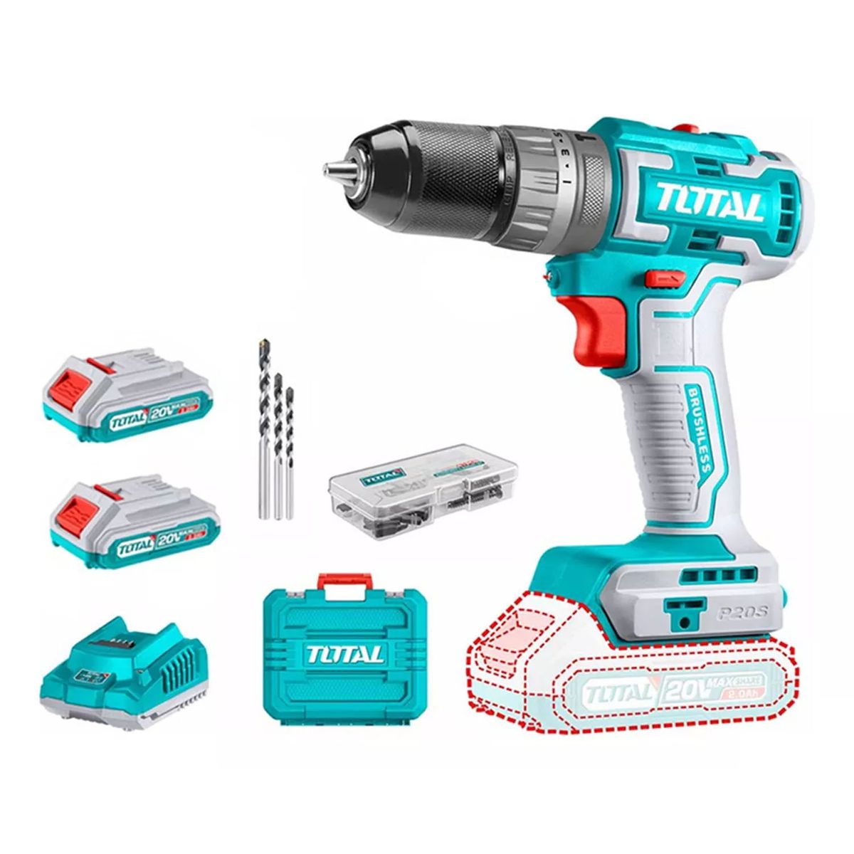 TOTAL TOOLS - Taladro Atornillador 20v 2bat+ Cargador Total Tdli20508