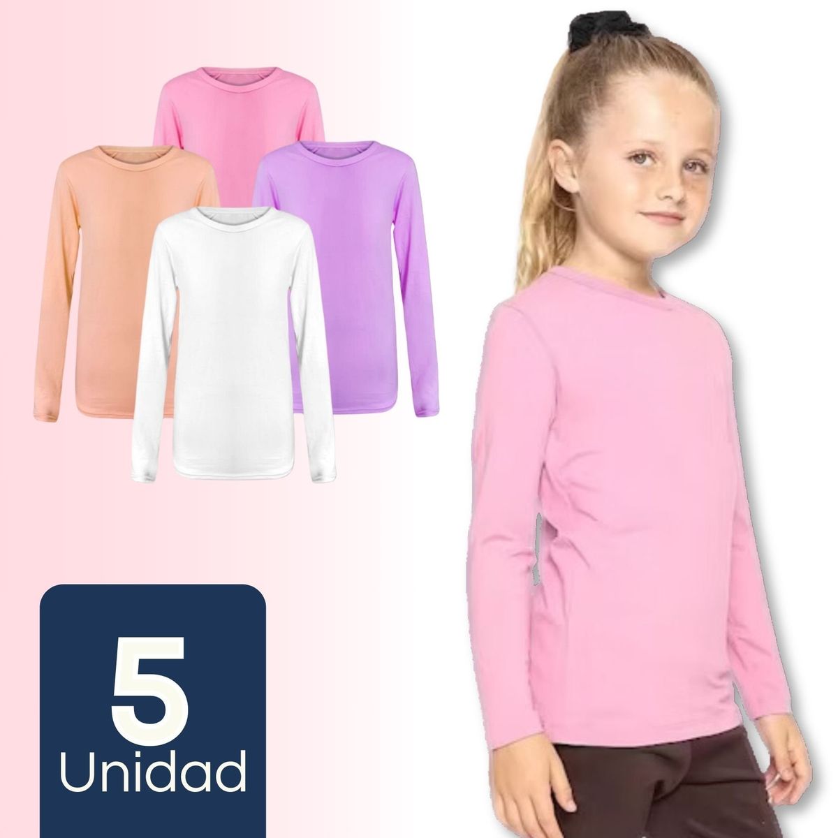 UTILISIMO - Pack 5 Camisetas Primera Capa Poleras Niña Bambú Manga Larga Surtido