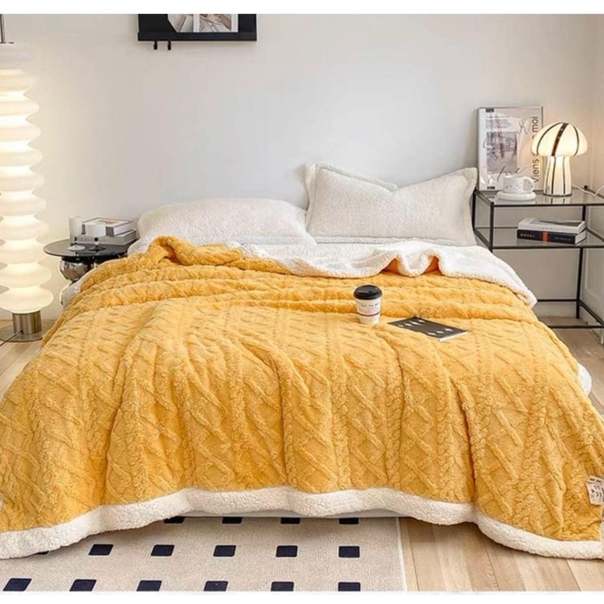 COMPRAPO - Frazada Manta Polar Sherpa térmica 2 Plazas trenzado Relieve Amarillo