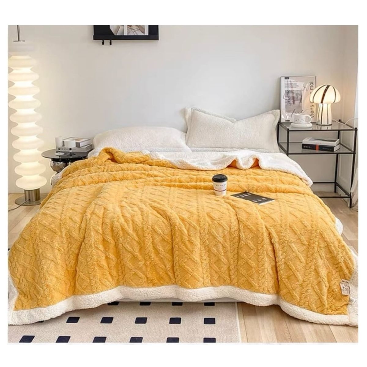 COMPRAPO - Frazada Manta Polar Sherpa térmica 2 Plazas trenzado Relieve Amarillo