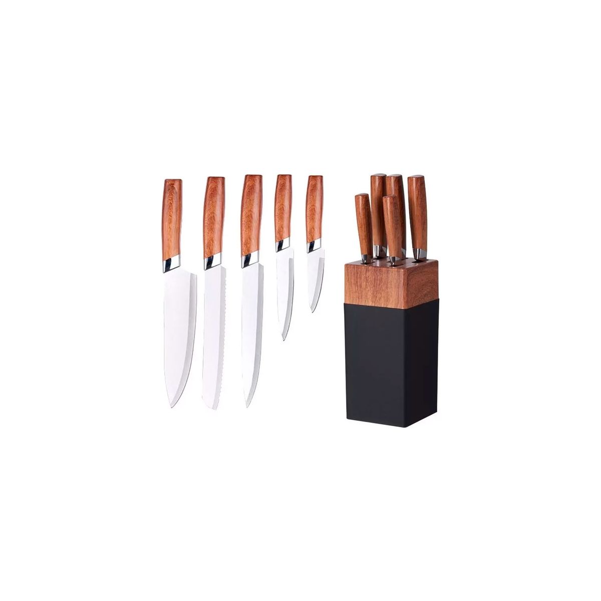 GENERICO - Set De Cuchillos 5 Piezas + Taco Hojas De Acero Inoxidable