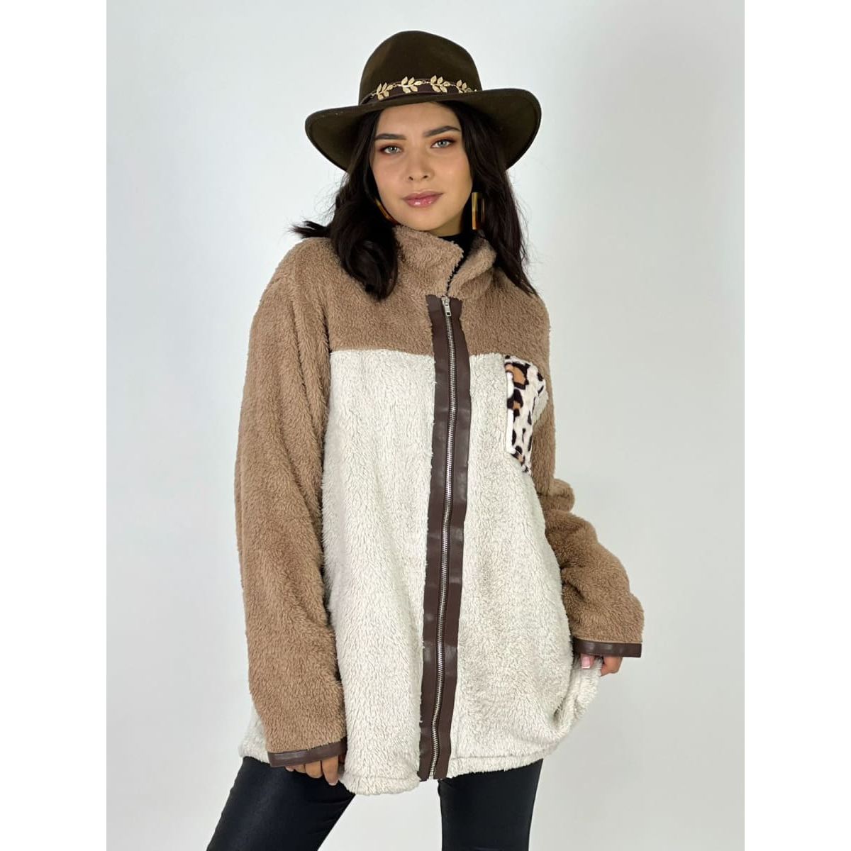 ENIGMATICA BOUTIQUE - CHAQUETA POLAR MUJER BICOLOR BOLSILLO PRINT COLOR BEIGE MODELO ALASKA